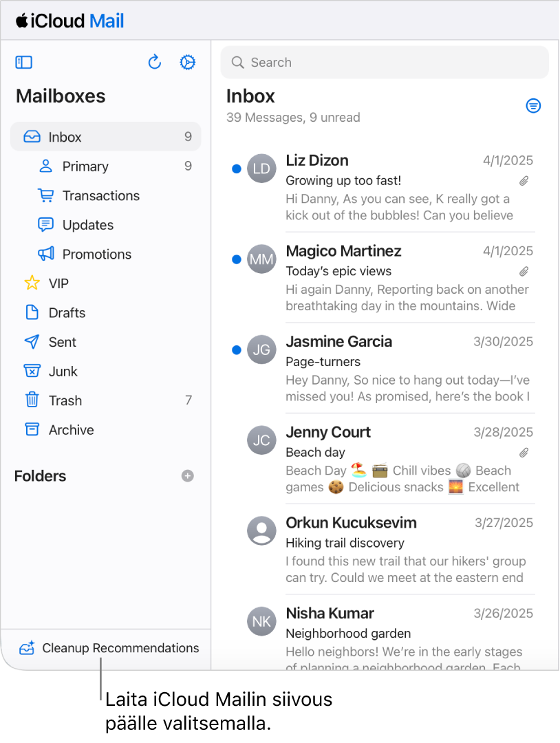 Kuvassa on Poista suositusviestejä ‑painike Postilaatikot-luettelon alaosassa.