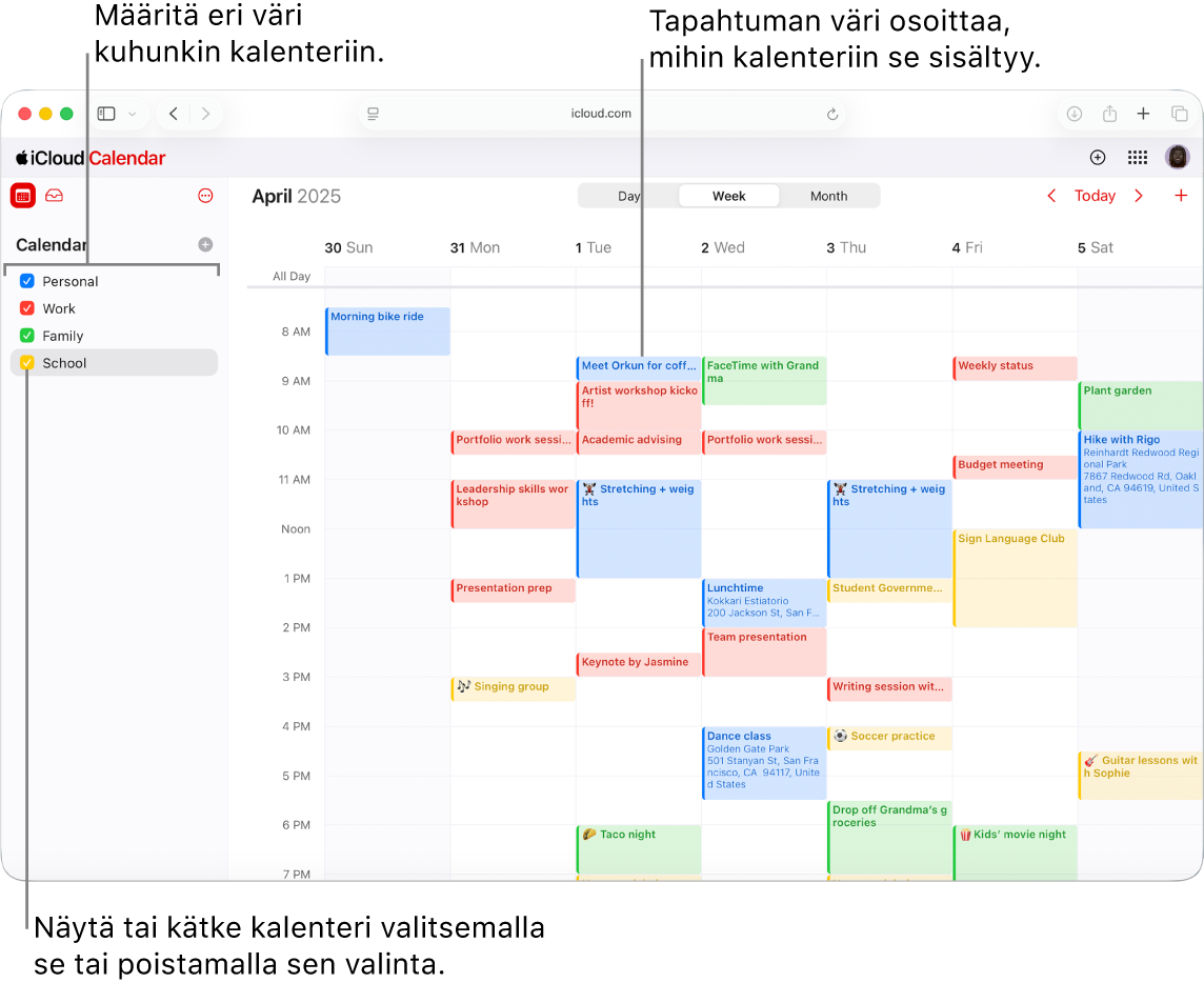 iCloud.com-palvelun Kalenteri-ikkuna, jossa näkyy useita kalentereita. Kalentereille on annettu eri värejä, ja tapahtuman väri osoittaa, mihin kalenteriin se kuuluu.
