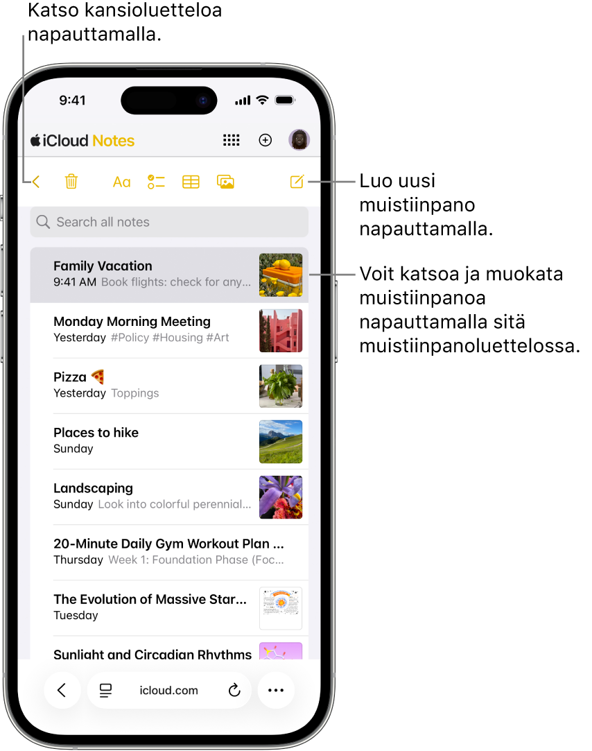 Kuvassa on iCloud.comin avoin muistiinpanoluettelo puhelimella.