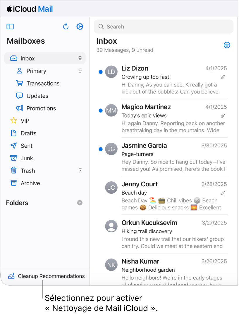 Recommandations de la fonctionnalité Nettoyer au bas de la liste des boîtes aux lettres.