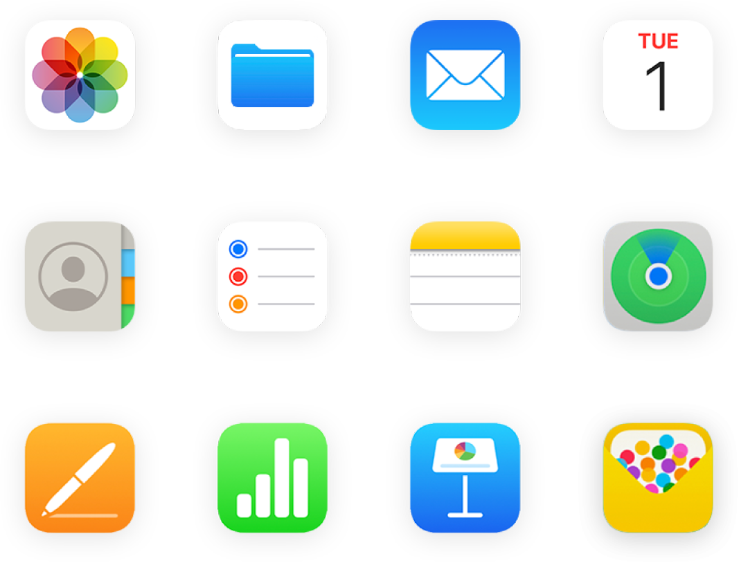 Une grille d’icônes d’applications, dont Photos, iCloud Drive, Mail, etc