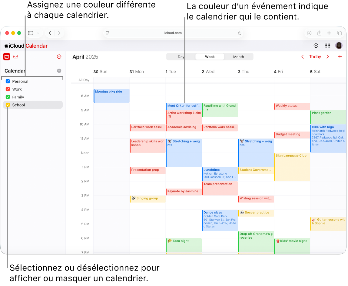 La fenêtre Calendrier sur iCloud.com, avec plusieurs calendriers visibles. Différentes couleurs sont attribuées aux calendriers, et la couleur d’un événement indique dans quel calendrier il se trouve.