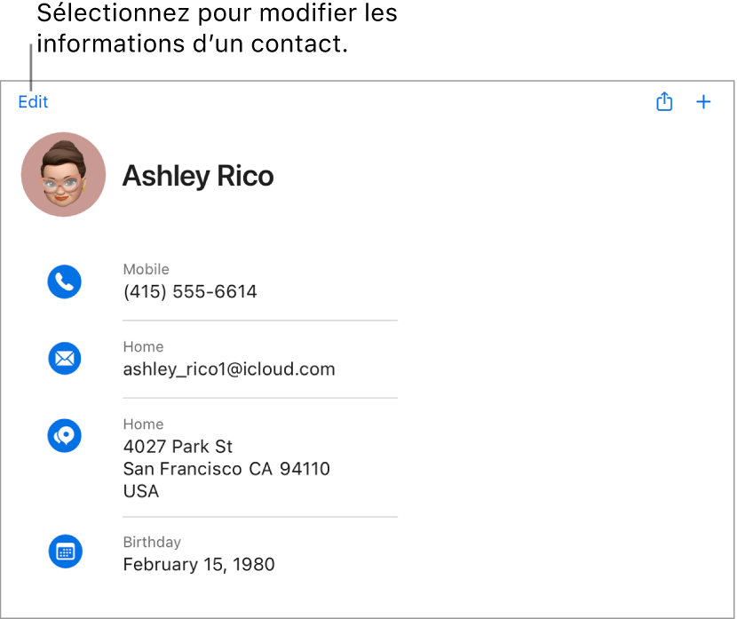 Une fiche de contact sur iCloud.com qui affiche les renseignements d’une personne, notamment le numéro de téléphone, l’adresse de courriel, l’adresse du domicile, la date d’anniversaire ainsi qu’un bouton pour modifier tous ces renseignements.