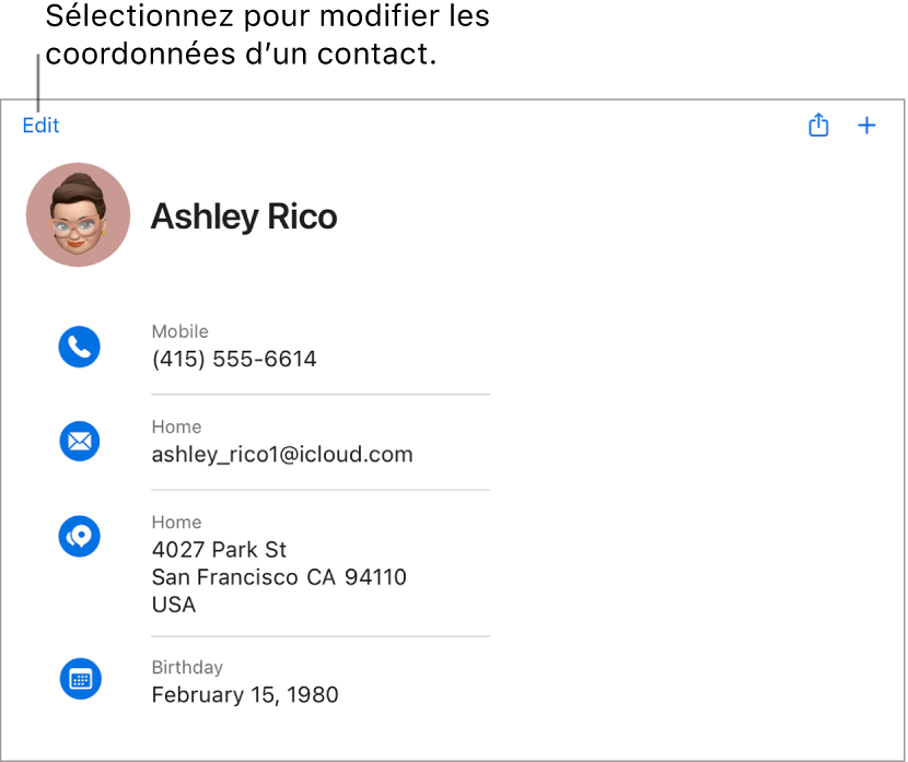 Une fiche de contact sur iCloud.com affichant des informations au sujet d'une personne, notamment un numéro de téléphone, une adresse e-mail, une adresse personnelle et une date d'anniversaire, ainsi qu'un bouton pour modifier ces champs.