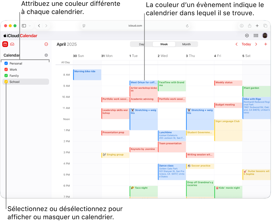 La fenêtre Calendrier sur iCloud.com, avec plusieurs calendriers visibles. Différentes couleurs sont attribuées aux calendriers et la couleur d’un événement indique le calendrier dans lequel il figure.