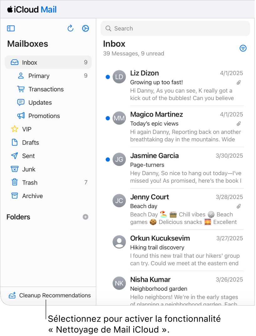 Le bouton Recommandations de la fonctionnalité Nettoyer en bas de la liste des boîtes aux lettres.