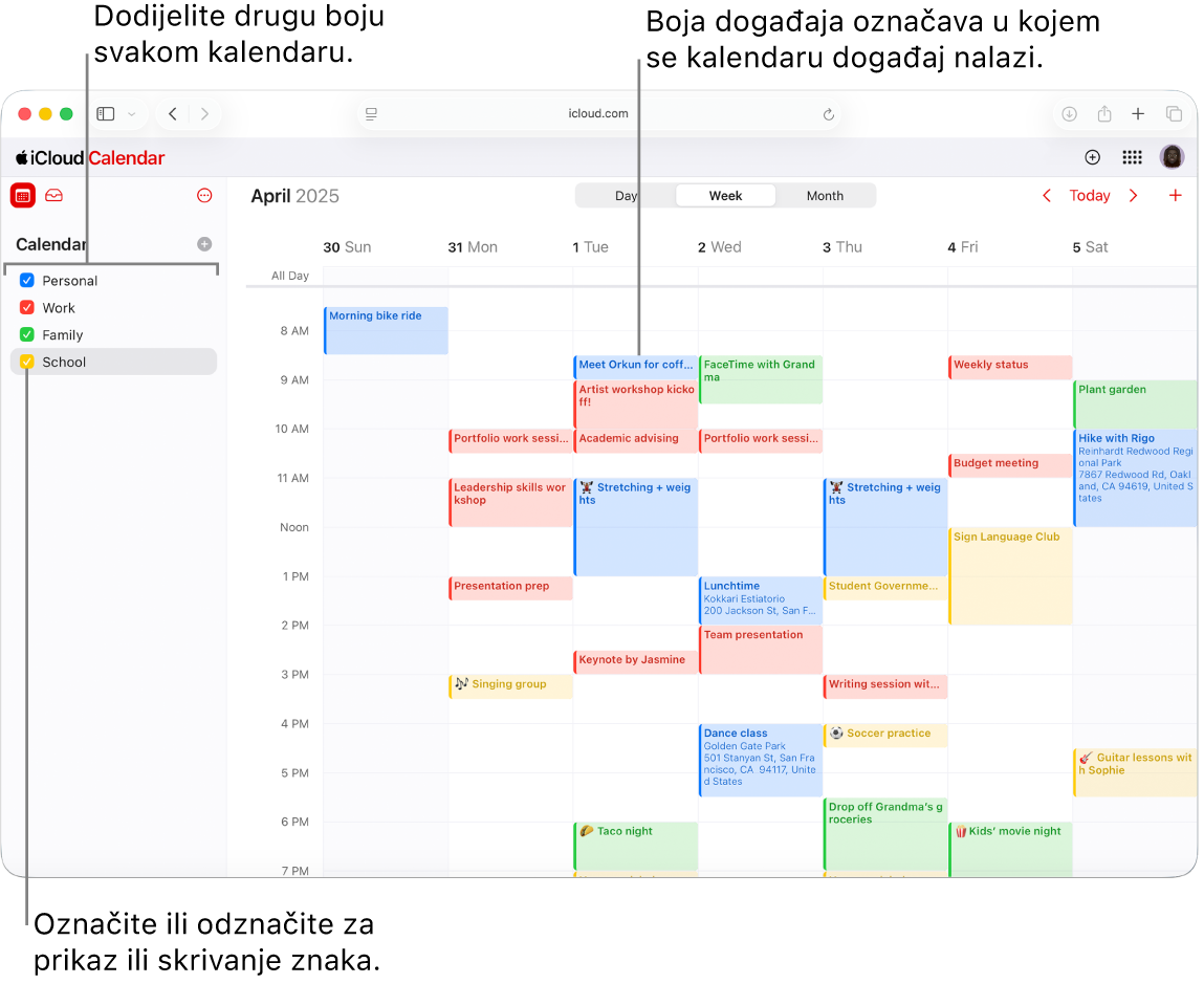 Prozor Kalendara na web‑stranici iCloud.com, s nekoliko vidljivih kalendara. Kalendarima su dodijeljene različite boje, a boja događaja ukazuje na to u kojem se kalendaru nalazi.