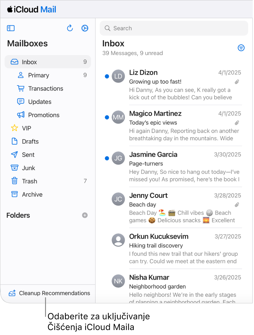 Gumb Preporuke za čišćenje pri dnu popisa sandučića.