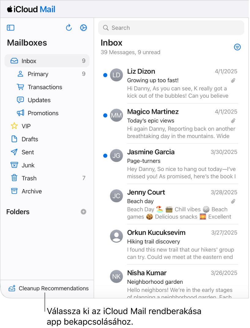 A Megtisztítási javaslatok gomb a Postafiókok listája alján.
