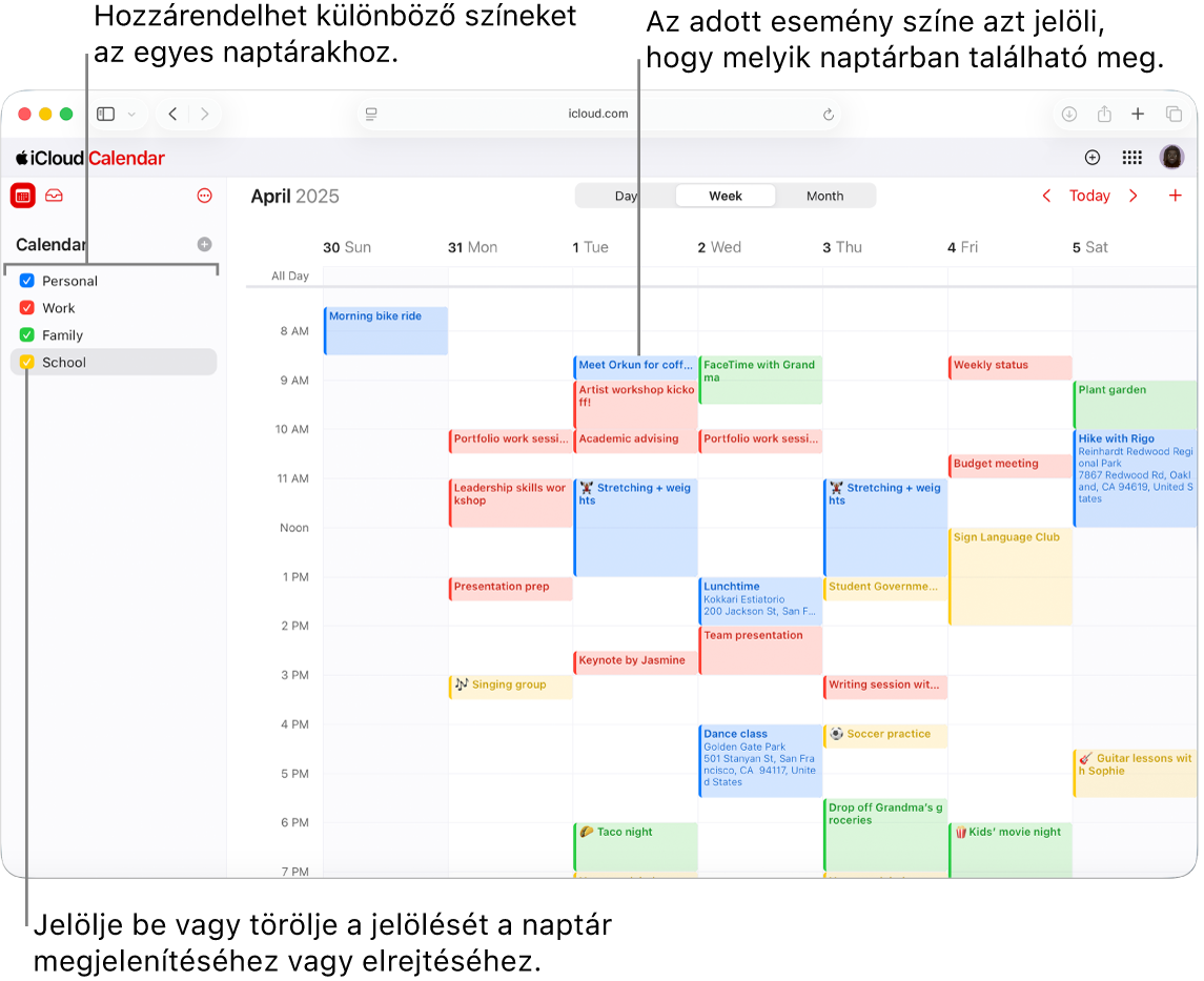 Naptár ablak az iCloud.com webhelyen, több látható naptárral. A naptárakhoz különböző színek vannak hozzárendelve, és az esemény színe jelzi, hogy melyik naptárban van.
