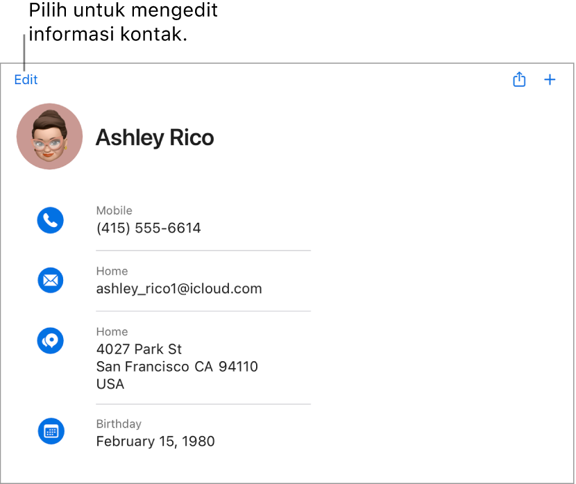 Kartu kontak di iCloud.com menampilkan informasi untuk orang, termasuk nomor telepon, alamat email, alamat rumah, dan tanggal ulang tahun, serta tombol untuk mengedit bidang-bidang tersebut.