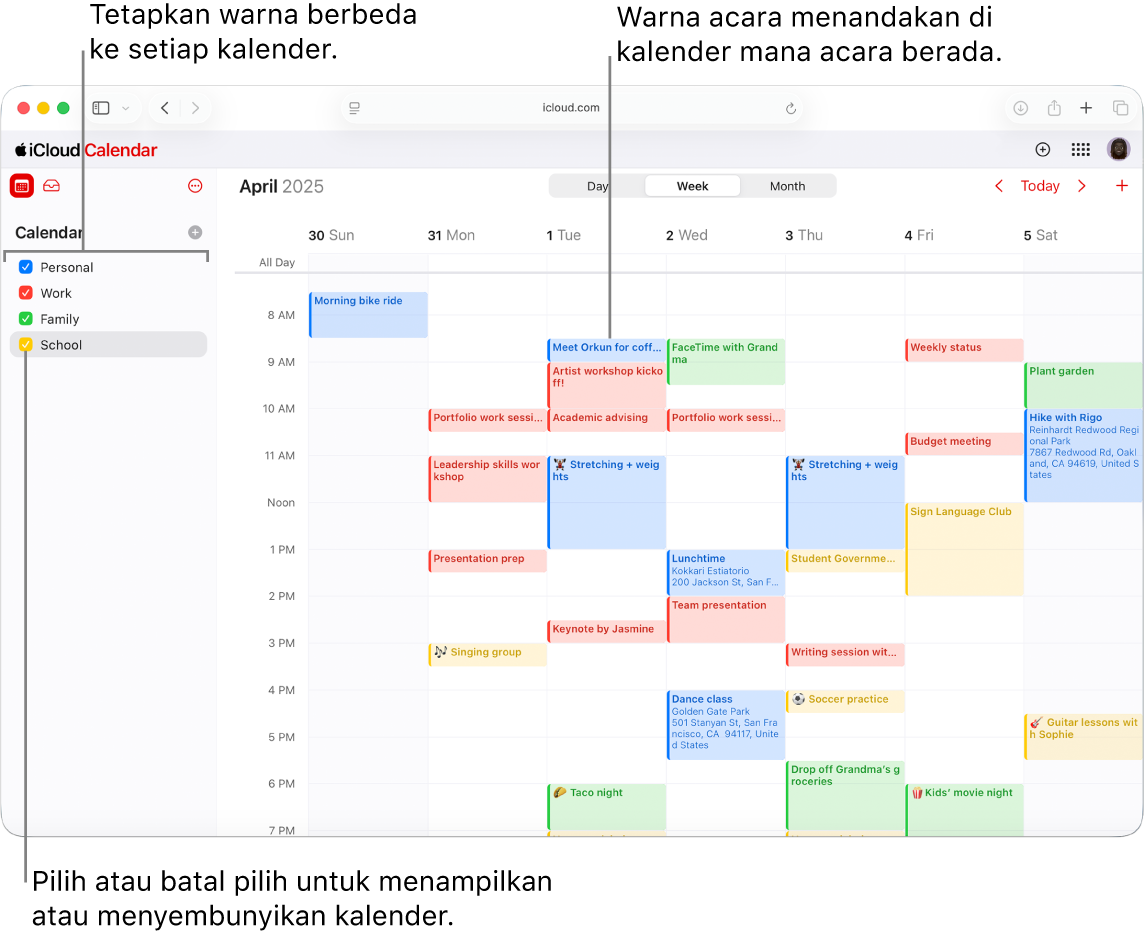 Jendela Kalender di iCloud.com, dengan beberapa kalender ditampilkan. Kalender diberi warna berbeda, dan warna acara menunjukkan kalender yang aktif.