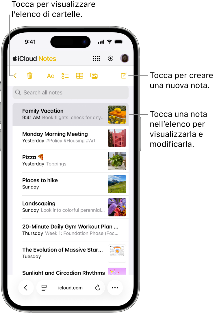 Un elenco di note aperte su iCloud.com su un telefono.