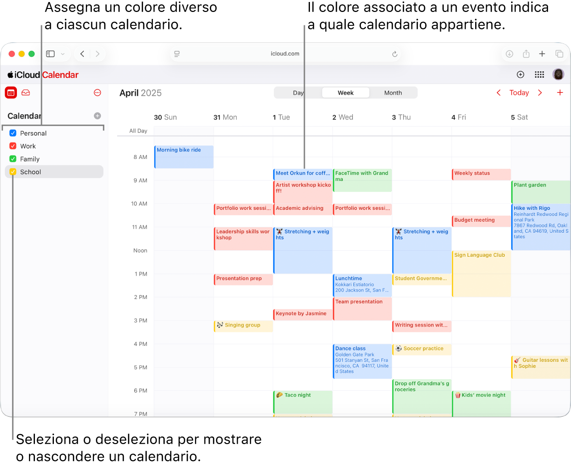 La finestra Calendario su iCloud.com, con diversi calendari visibili. Ai calendari sono assegnati diversi colori; il colore di un evento indica in quale calendario si trova.