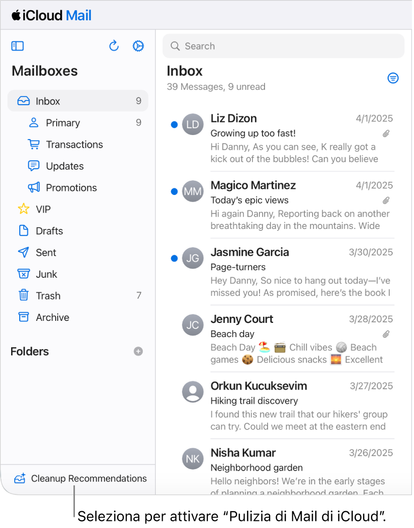Il tasto Suggerimenti di Pulizia di Mail in fondo all'elenco delle caselle di posta.