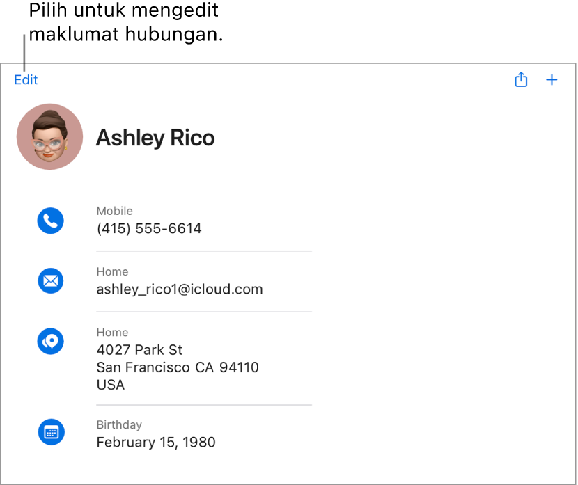 Kad kenalan di iCloud.com menunjukkan maklumat untuk seseorang, termasuk nombor telefon, alamat e-mel, alamat rumah dan hari lahir, serta butang untuk mengedit medan ini.