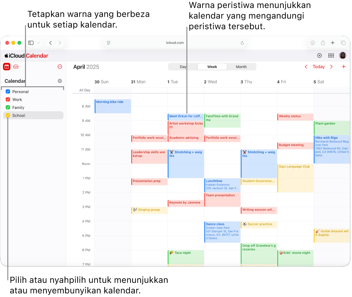 Tetingkap Kalendar di iCloud.com, dengan beberapa kalendar yang boleh dilihat. Kalendar ini ditetapkan warna yang berbeza dan warna peristiwa menunjukkan kalendar yang mengandungi peristiwa tersebut.