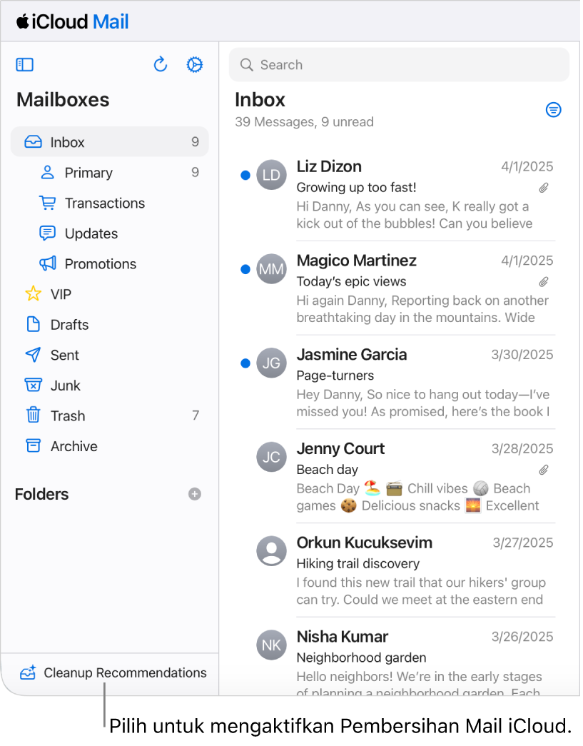 Butang Cadangan Pembersihan di bahagian bawah senarai Peti Mel.