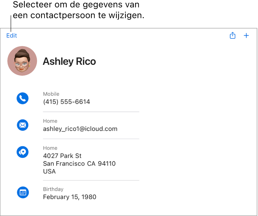 Een contactkaart op iCloud.com met informatie over een persoon, waaronder een telefoonnummer, een e-mailadres, een thuisadres en een geboortedatum. Ook bevat het een knop om deze velden te bewerken.