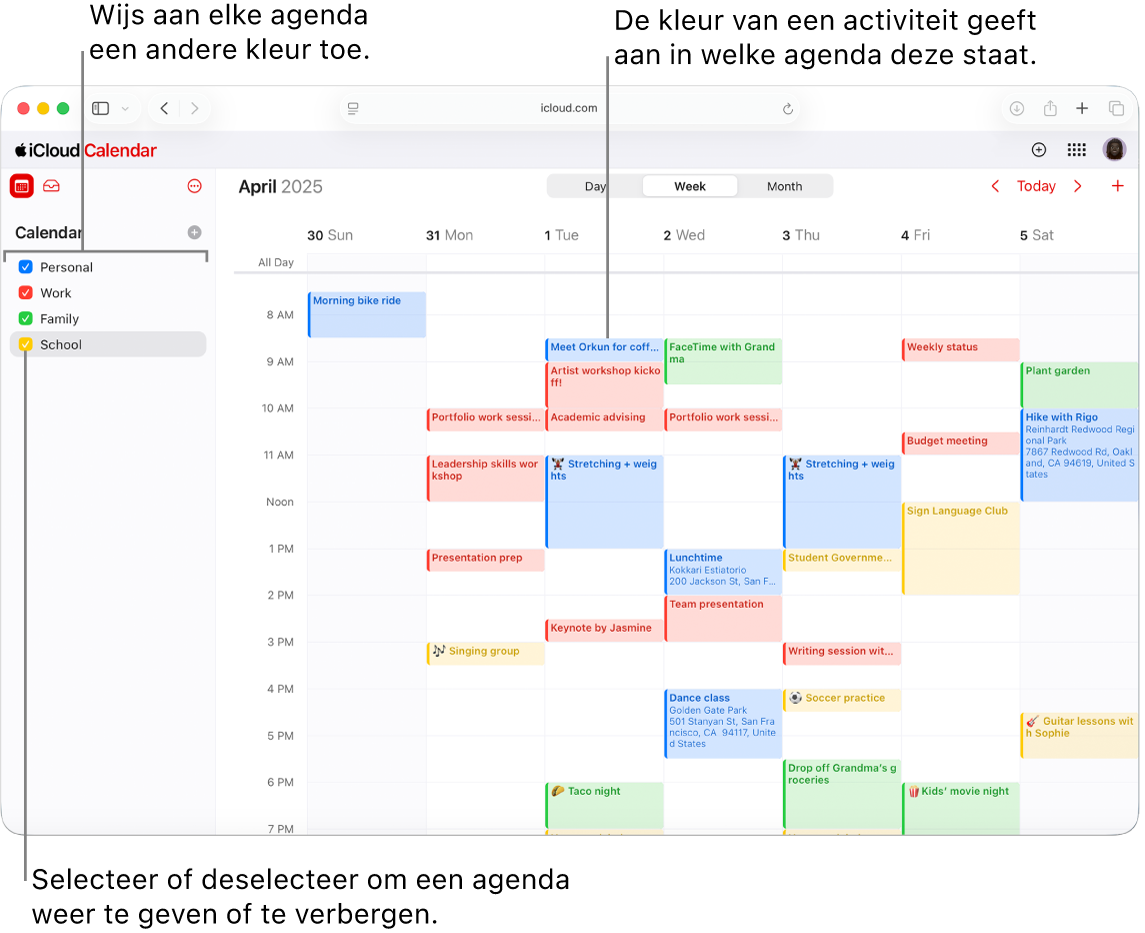 Het agendavenster in iCloud.com met verschillende zichtbare agenda’s. De agenda’s hebben verschillende kleuren en de kleur van een activiteit geeft aan in welke agenda deze staat.