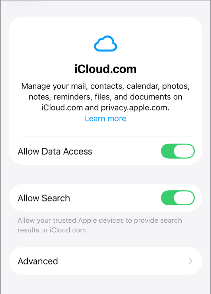 Het iCloud.com-venster in Systeeminstellingen waarin de functies 'Sta toegang tot gegevens toe' en 'Sta zoeken toe' zijn ingeschakeld.