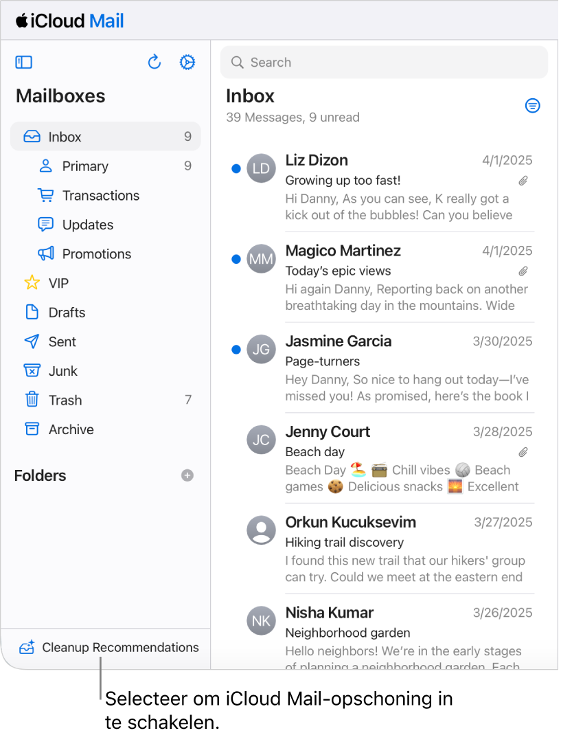 De knop 'Aanbevelingen voor opschoning' onderaan de lijst met postbussen.