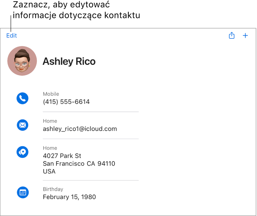 Wizytówka na stronie iCloud.com zawierająca informacje o danej osobie, m.in. numer telefonu, adres email, adres domowy i datę urodzenia, a także przycisk umożliwiający edycję tych pól.