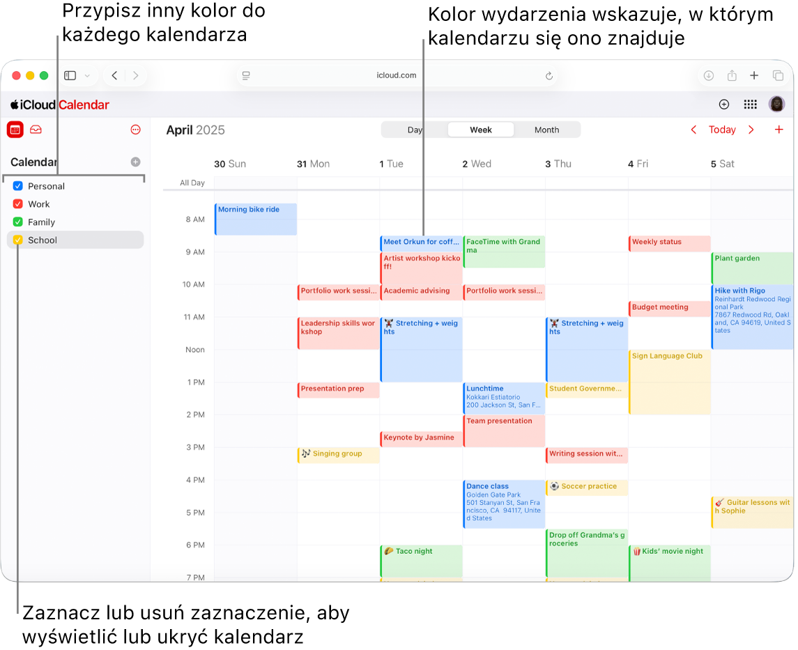 Okno Kalendarz na stronie iCloud.com z widocznymi kilkoma kalendarzami. Kalendarze mają przypisane różne kolory — kolor wydarzenia wskazuje, w którym kalendarzu się ono znajduje.
