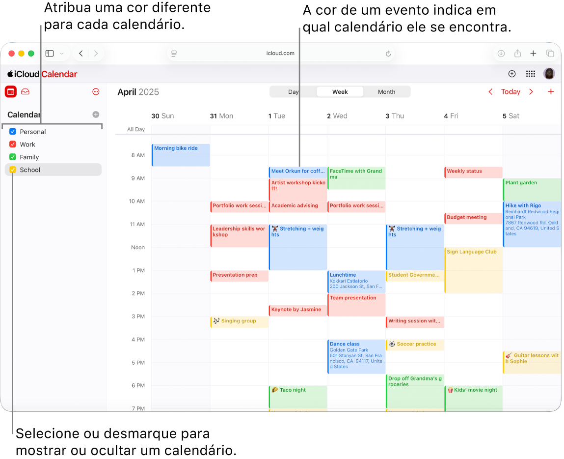 Janela do Calendário no iCloud.com, em que diversos calendários são exibidos. Cada calendário tem uma cor diferente. A cor do evento indica o calendário a que ele pertence.