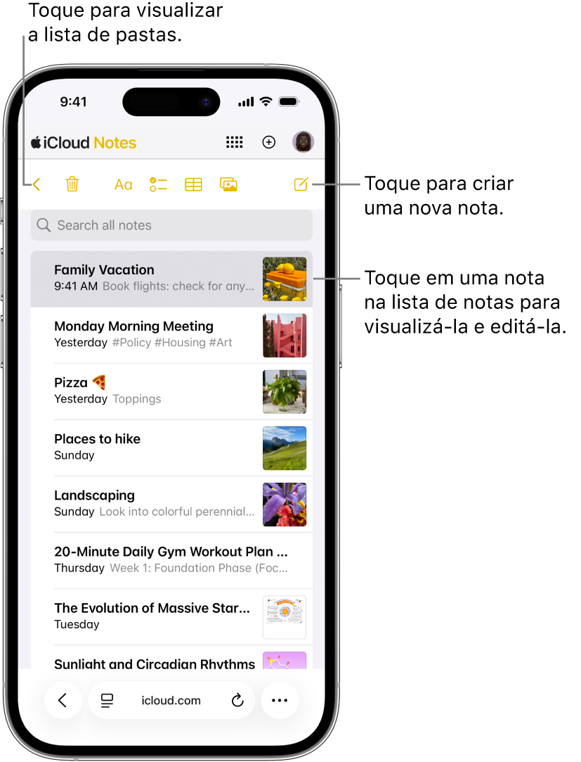 Lista de notas abertas usando iCloud.com em um telefone.