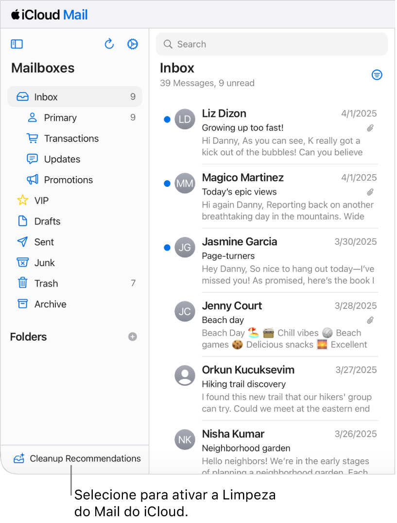 Botão Recomendações de limpeza na parte inferior da lista de caixas de correio.