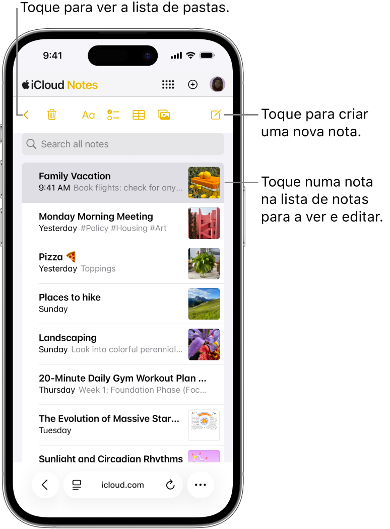 Uma lista de notas aberta em iCloud.com num telemóvel.
