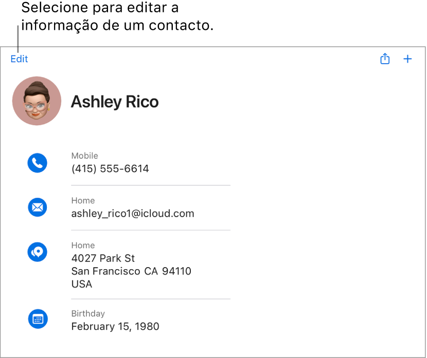 Um cartão de contacto em iCloud.com que mostra informações de uma pessoa, incluindo um número de telefone, um endereço de e-mail, uma morada física e uma data de nascimento, bem como um botão para editar estes campos.