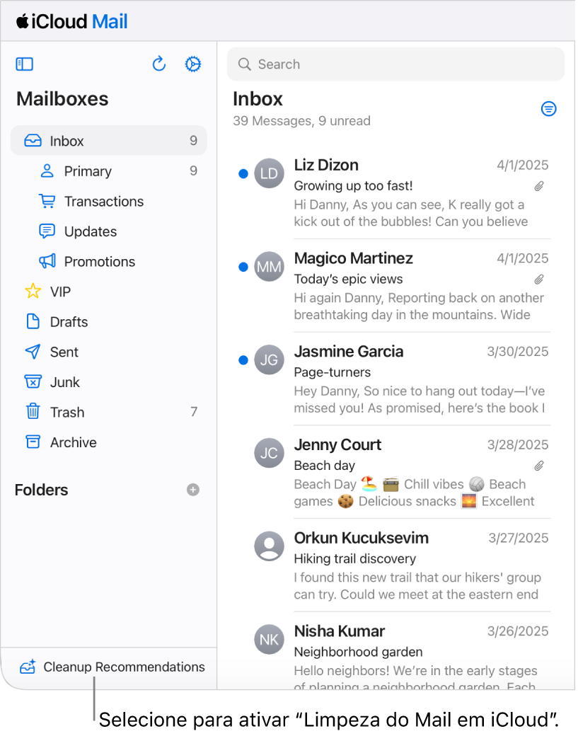 O botão Recomendações de Limpeza na parte inferior da lista Caixas de correio.