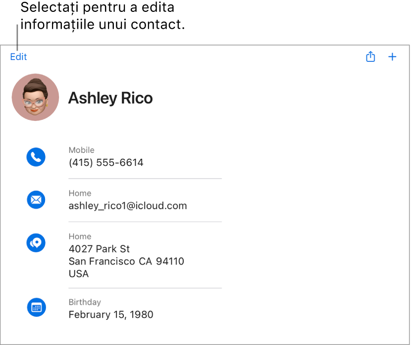 O fișă de contact pe icloud.com care afișează informații despre o persoană, inclusiv un număr de telefon, o adresă de e‑mail, o adresă de domiciliu și data nașterii, precum și un buton pentru editarea acestor câmpuri.