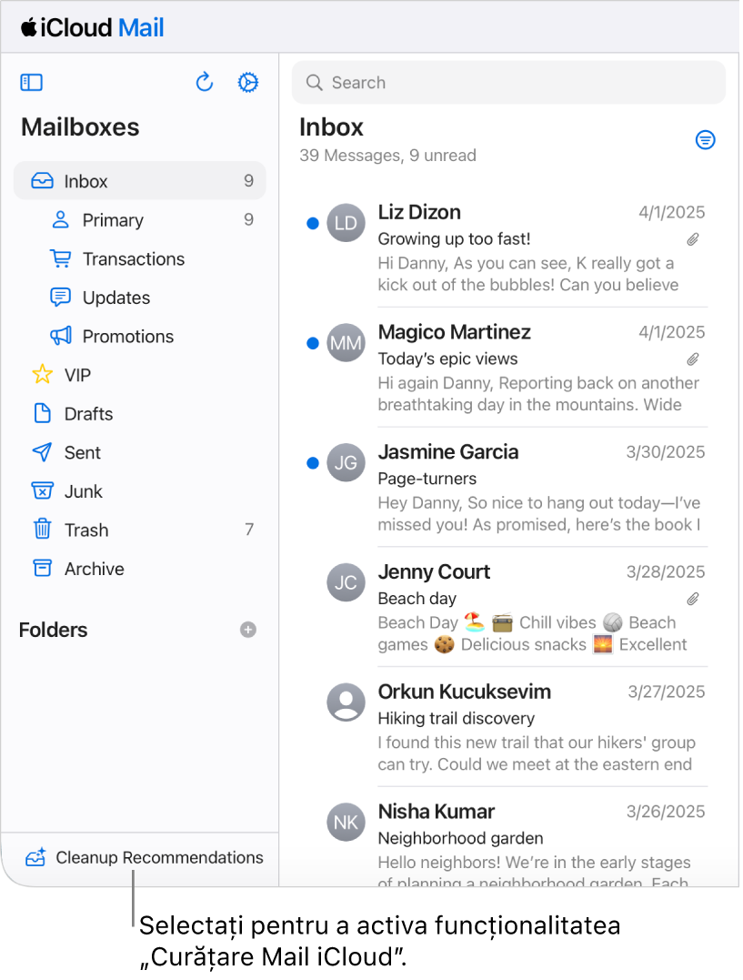 Butonul Recomandări pentru curățare din partea de jos a listei Cutii poștale.