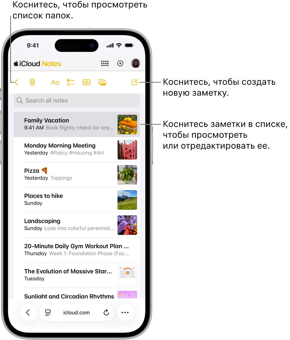 Открыт список заметок на сайте iCloud.com на телефоне.