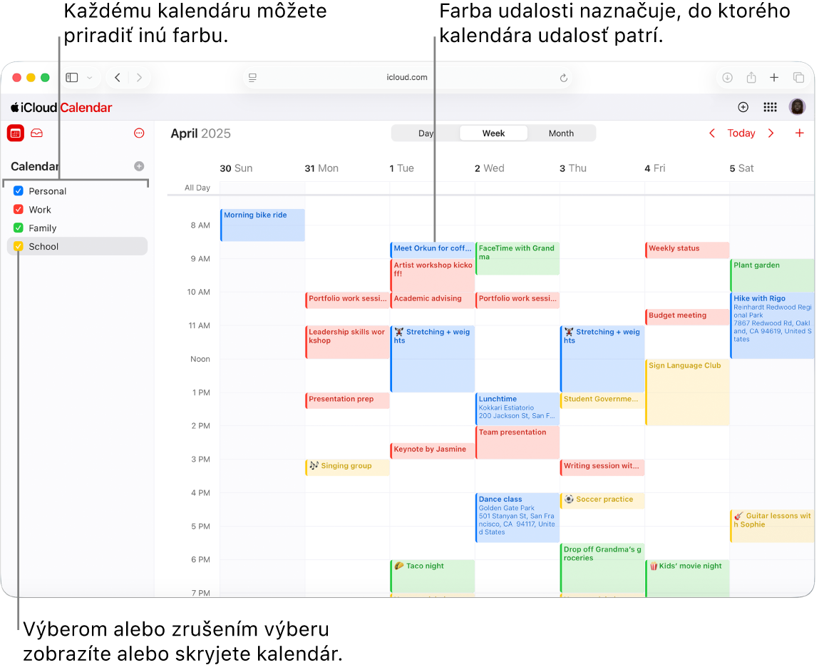 Okno Kalendár na stránke iCloud.com, v ktorom sa zobrazuje niekoľko kalendárov. Kalendárom sú priradené rôzne farby a farba udalosti označuje, v ktorom kalendári sa nachádza.