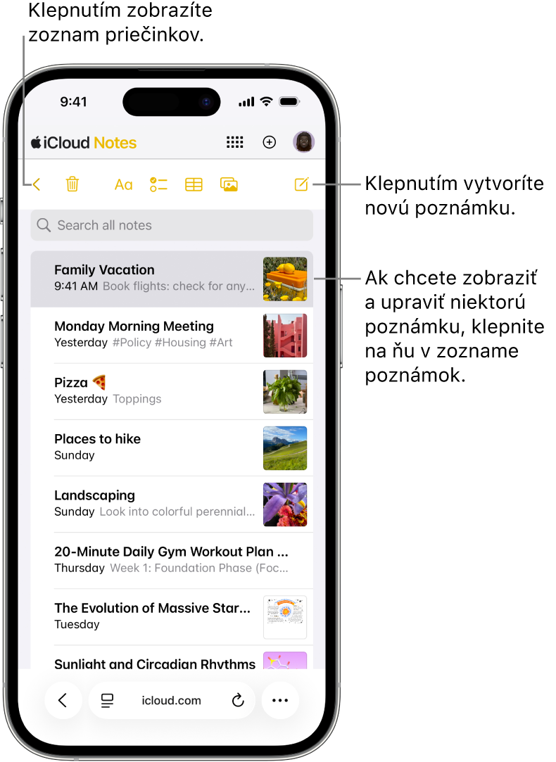 Otvorený zoznam poznámok na stránke iCloud.com na telefóne.