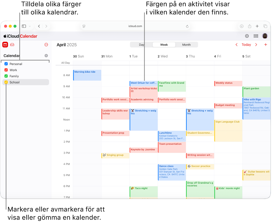 Kalender-fönstret på iCloud.com med flera synliga kalendrar. Kalendrarna tilldelas olika färger och aktivitetens färg indikerar vilken kalender den tilhör.