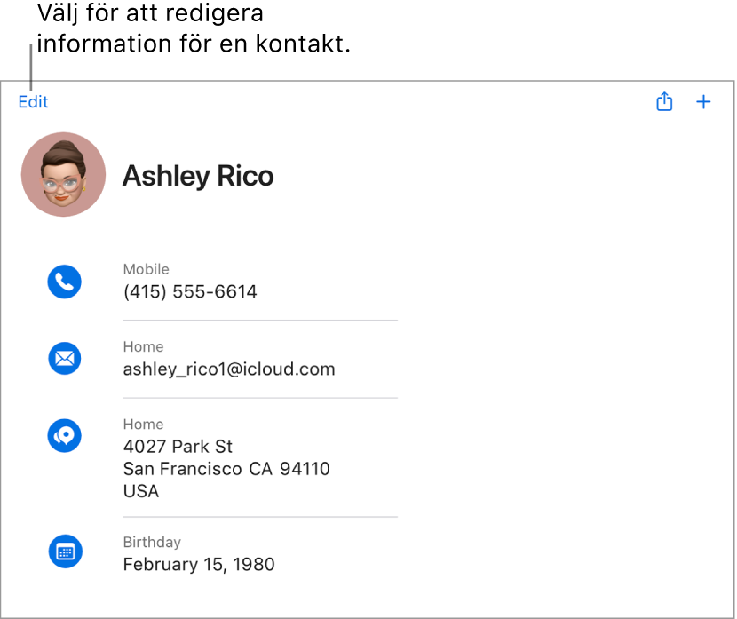 Ett kontaktkort på iCloud.com som visar information om en person, inklusive ett telefonnummer, en e-postadress, en hemadress och födelsedag, samt en knapp för att redigera dessa fält.