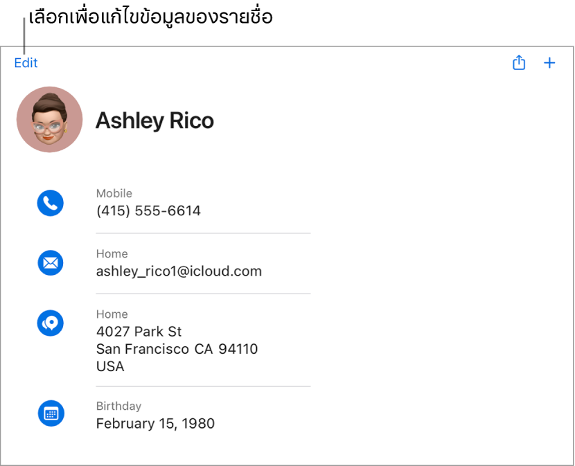 การ์ดรายชื่อบน iCloud.com แสดงข้อมูลของบุคคล รวมถึงหมายเลขโทรศัพท์ ที่อยู่อีเมล ที่อยู่บ้าน และวันเกิด พร้อมทั้งมีปุ่มสำหรับแก้ไขข้อมูลเหล่านี้