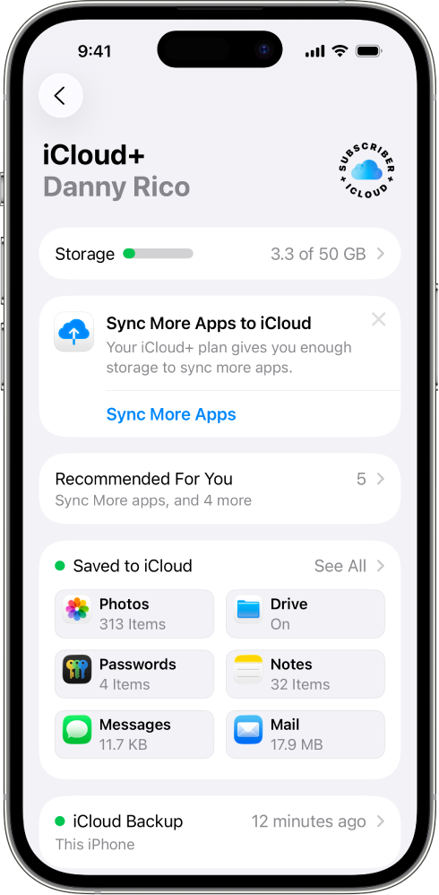 หน้าจอ “การตั้งค่า” ที่มีการเปิดคุณสมบัติ iCloud เอาไว้
