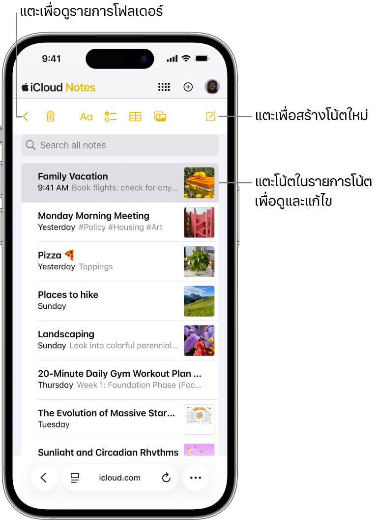 รายการโน้ตที่เปิดอยู่บน iCloud.com บนโทรศัพท์
