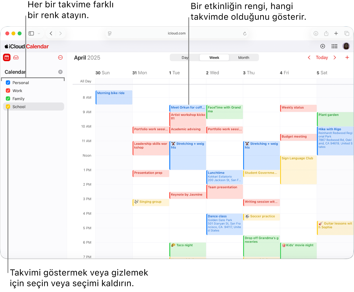 iCloud.com’da çok sayıda takvimin göründüğü Takvim penceresi. Takvimlere farklı renkler atanır ve bir etkinliğin rengi, hangi takvimde yer aldığını gösterir.
