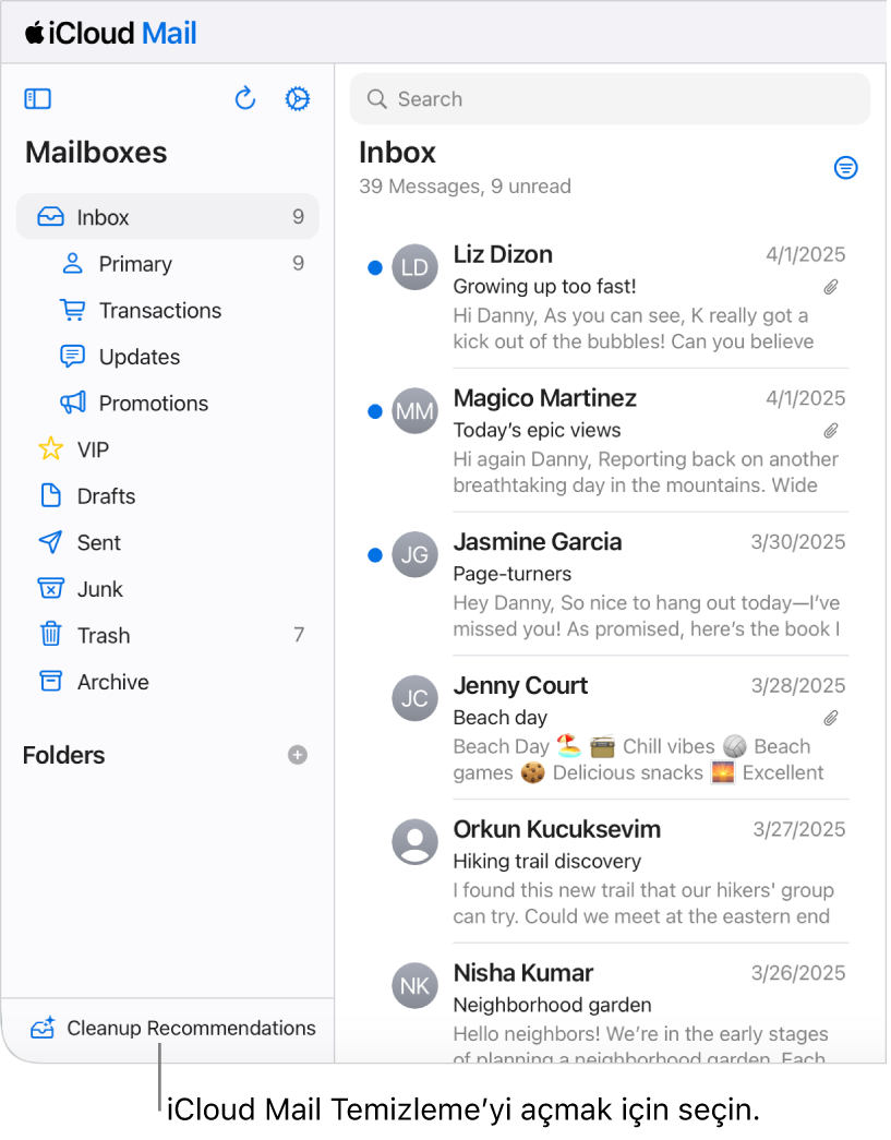 Posta Kutuları listesinin en altında Temizleme Önerileri’ni seçin.
