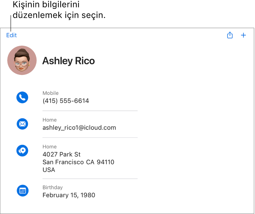iCloud.com’da bir kişinin telefon numarası, e-posta adresi, ev adresi ve doğum günü gibi bilgilerini gösteren ve bu alanları düzenlemek için bir buton içeren kişi kartı.