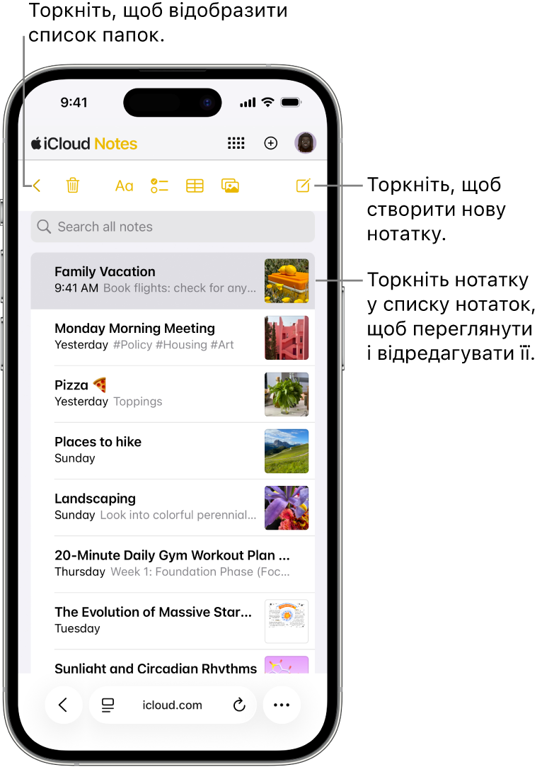 Відкритий список нотаток на вебсайті iCloud.com на телефоні.