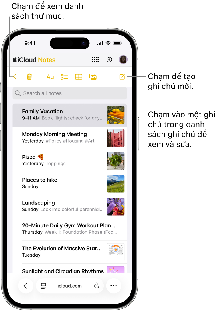 Một danh sách ghi chú đang mở trên iCloud.com trên điện thoại.