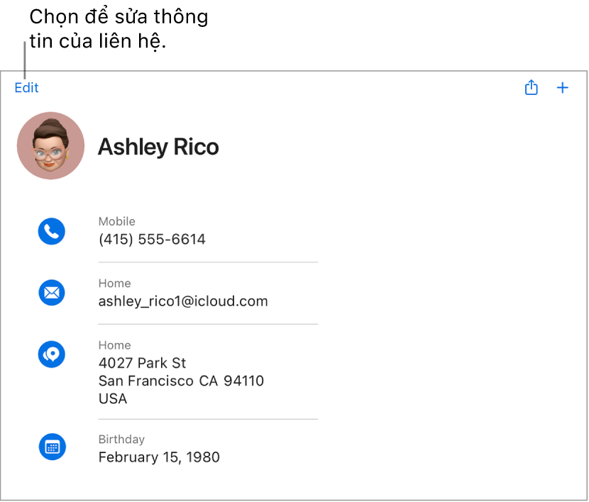 Thẻ liên hệ trên iCloud.com hiển thị thông tin của một người, bao gồm số điện thoại, địa chỉ email, địa chỉ nhà và ngày sinh, cũng như nút để sửa các trường này.